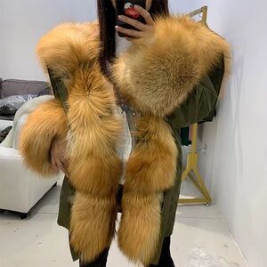 Luxurious Genuine Fox Fur Trim Olive Bomber Jacket